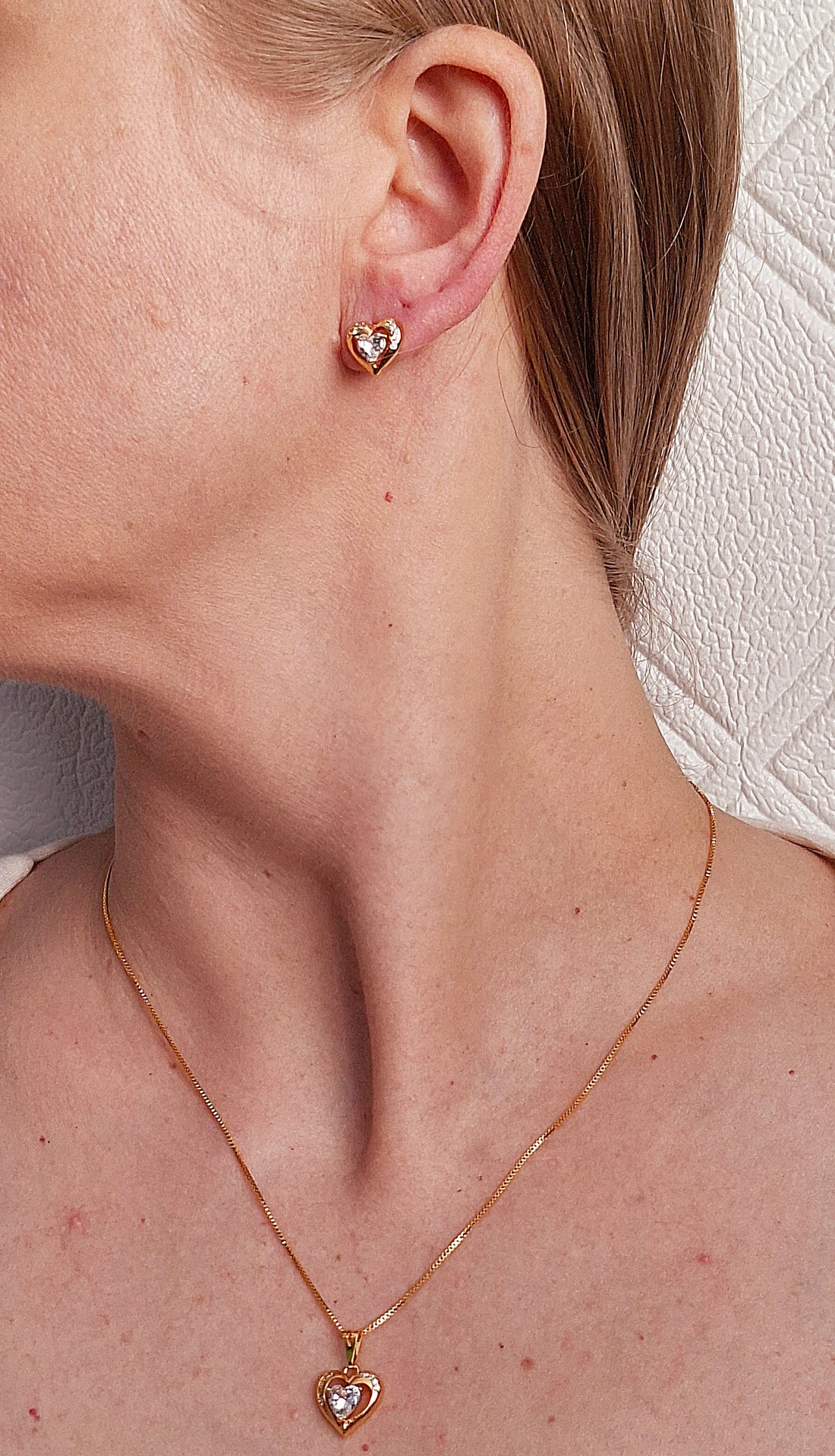 Conjunto Colar e Brinco Coração Cristal 45cm Folheado a Ouro 18K - OURO