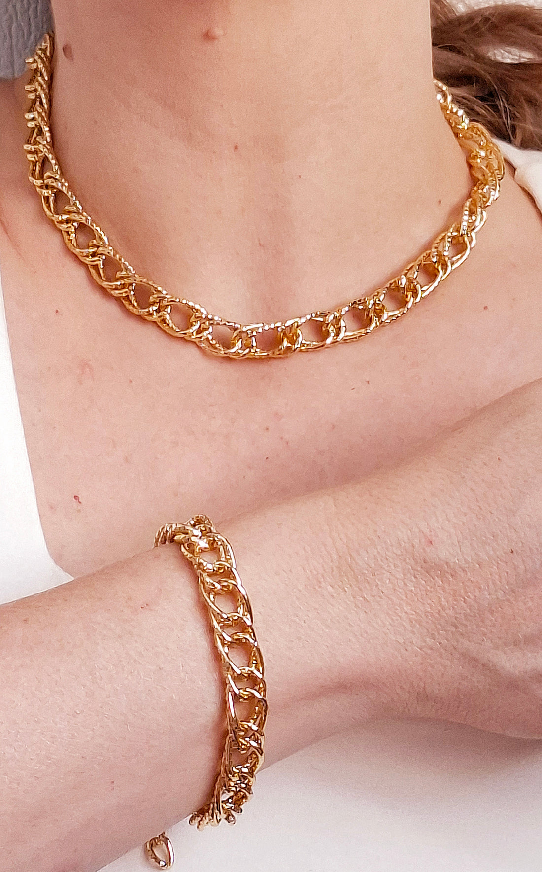 Pulseira Elos Duplos Grumet Médio Trabalhado Folheado a Ouro 18K - OURO
