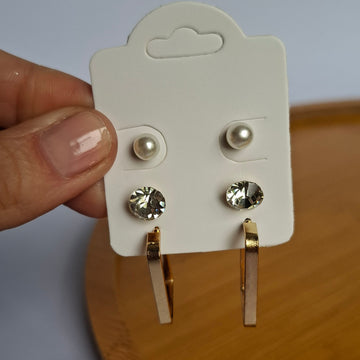 Trio de Brincos Pérola com Argola Quadrada Folheado a Ouro 18K - OURO