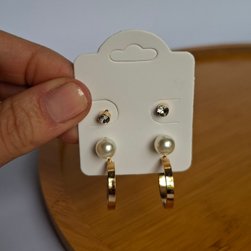 Trio de Brincos Pérola Ponto de Luz com Argola Lisa Folheado a Ouro 18K - OURO