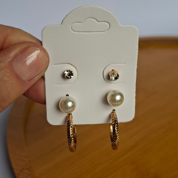 Trio de Brincos Pérola e Ponto de Luz com Argola Trabalhada Folheado a Ouro 18K - OURO