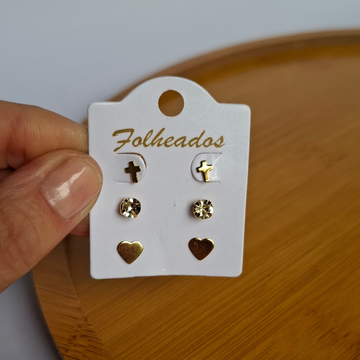 Trio de Brincos Cruz Folheado a Ouro 18K - OURO