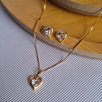 Conjunto Colar e Brinco Coração Cristal 45cm Folheado a Ouro 18K - OURO
