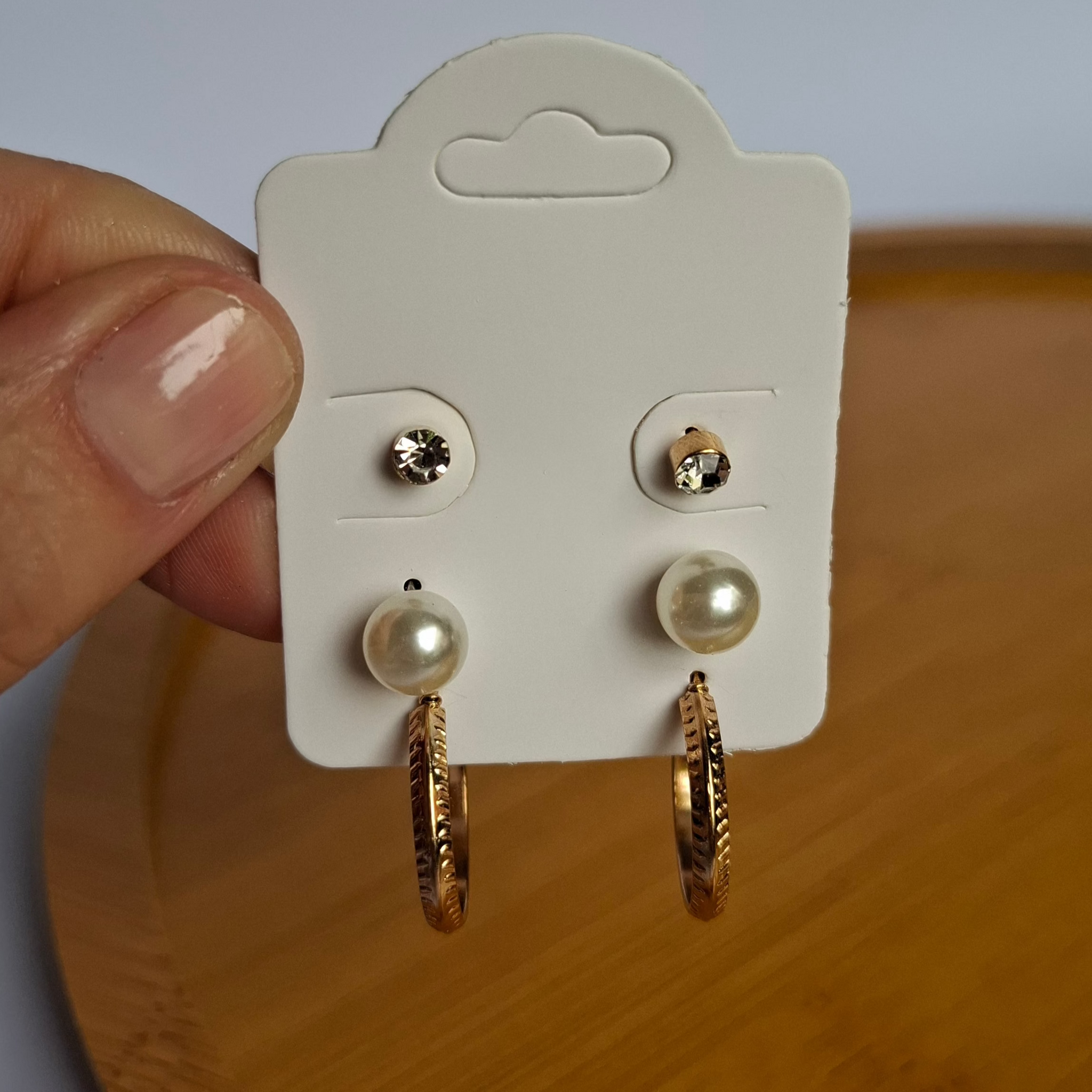 Trio de Brincos Pérola e Ponto de Luz com Argola Trabalhada Folheado a Ouro 18K - OURO