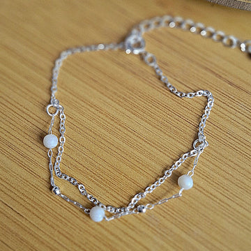 Pulseira Dupla Madre Pérola Bolinhas Folhedo a Prata - PRATA