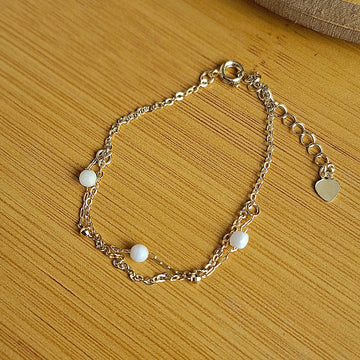 Pulseira Dupla Madre Pérola Bolinhas Folhedo a Ouro 18K - OURO