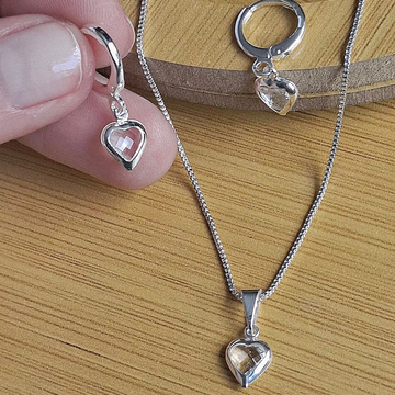 Conjunto Colar e Brinco Coração com Ponto de Luz Folheado a Prata – PRATA